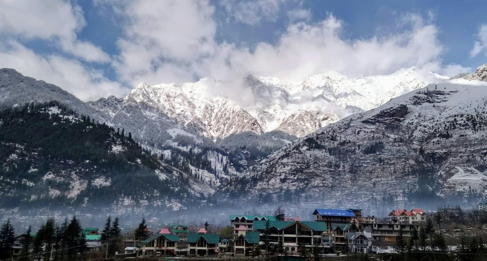 A Himachal hill town beneath snow-covered mountains